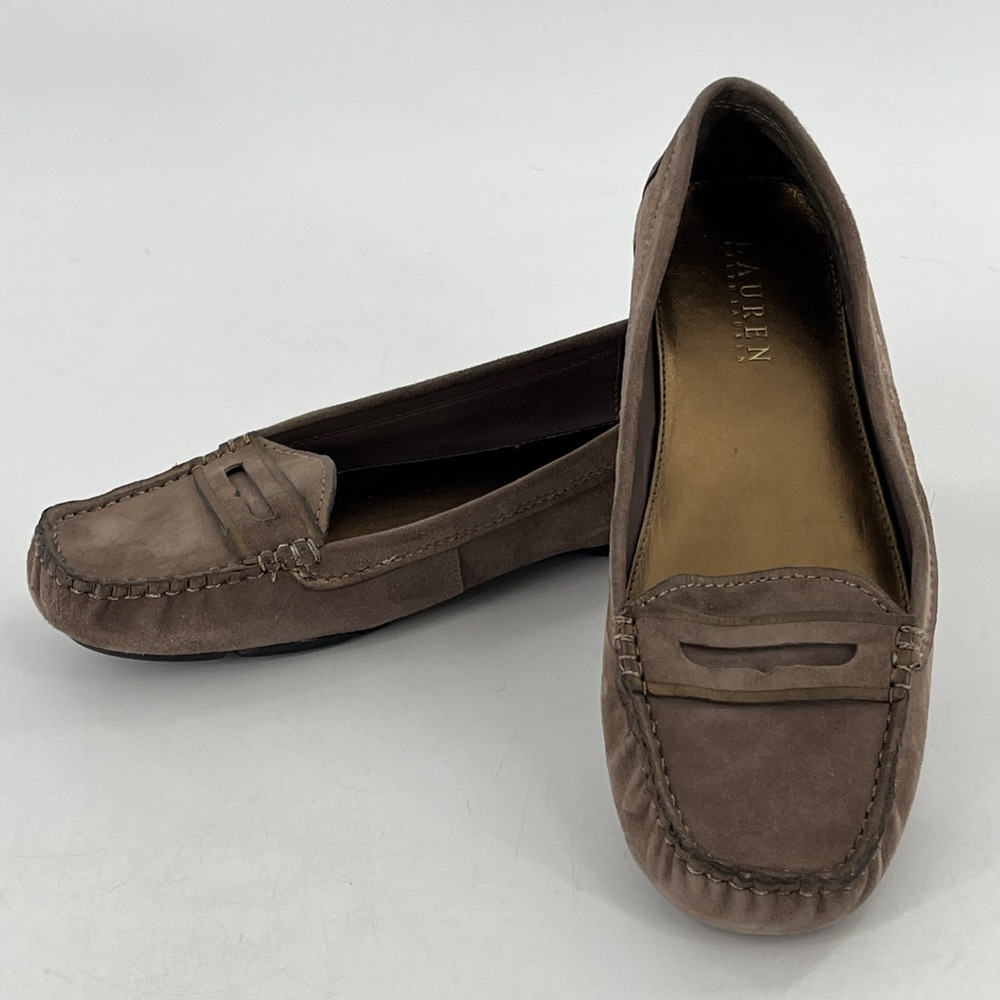 LRL Ralph Lauren Women Flat Driving Moccasin‎ Loafer Leather Suede Brown Gold 10